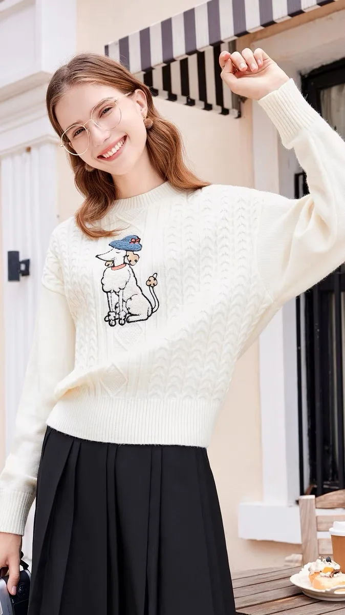 Cartoon Embroidery Knit Sweater Tops Women 2024 Spring Long Sleeve O-neck Pullovers Casual Fashion Loose Ladies Jumpers Knitwear