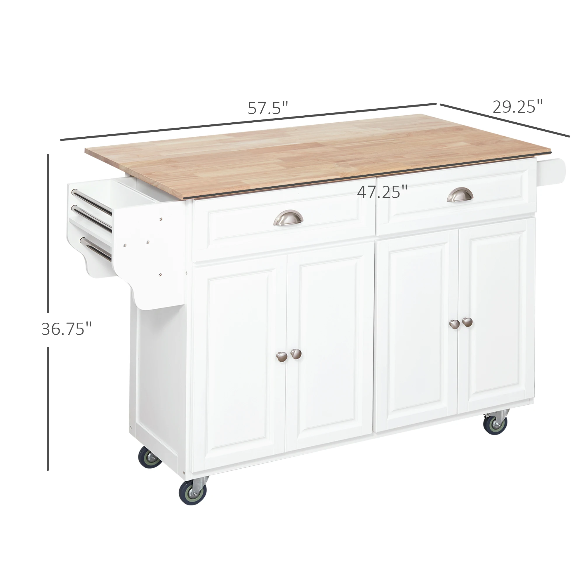 58" Kitchen Island Cart Modern Drop Leaf Storage ชั้นวางรถเข็นบนล้อ, สีขาว