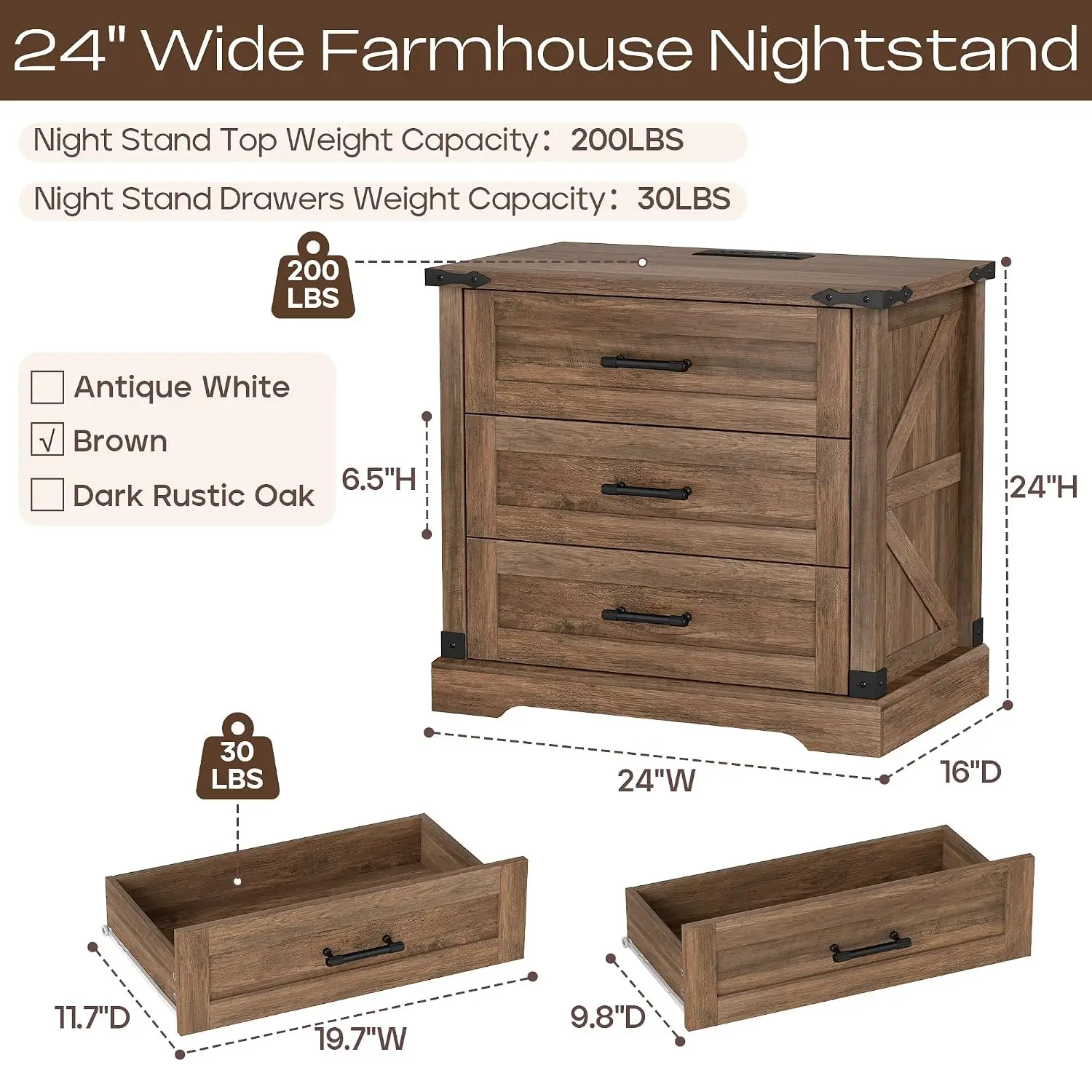 Farmhouse Nightstand Set of 2 with Charging Station & USB Ports, Rustic Brown, Customized