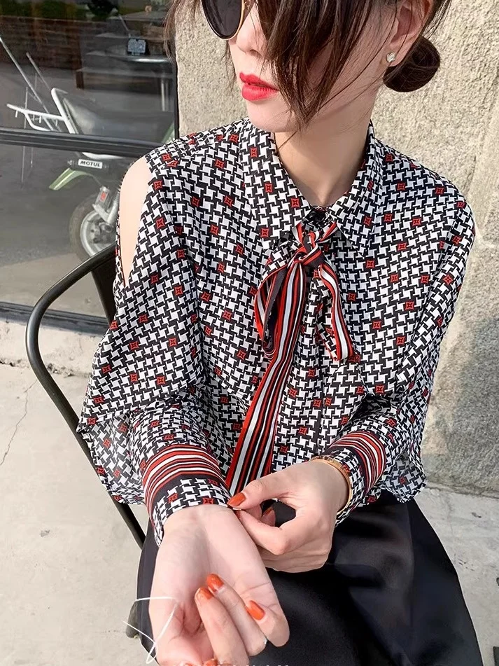 

Silk Spring Summer Long Sleeve Women's Shirt Commute Design Sense Drifting Belt Office Lady Style Loose Fit Print
