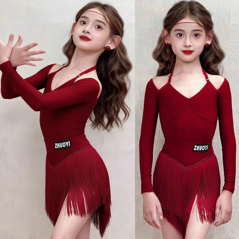 

2026 костюм для латинских танцев для девочек, красный танцевальный трико с длинными рукавами, юбка с бахромой, детская одежда для выступлений, танцевальная одежда для латинских самбы