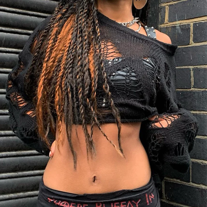 BKLD Goth Ragged Hole Irregular Sweater Y2K Long Sleeve O Neck Loose Pullover See-through Crop Tops Hottie Rave Party Streetwear
