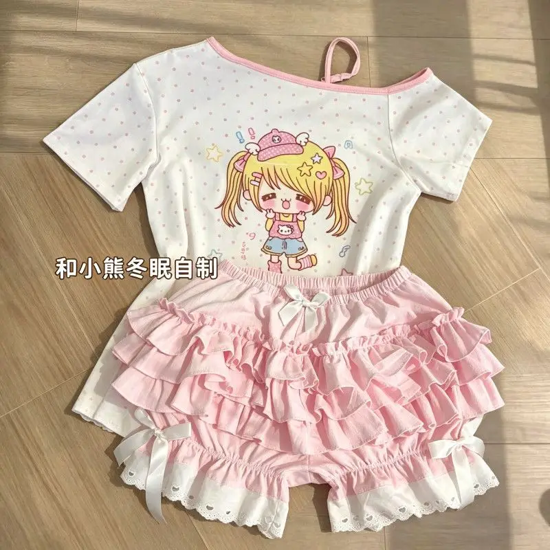 

Sweet Cute Cartoon Aesthetic Outfit Women 2-Piece Set Short-Sleeve T-Shirt Top Summer Pink Bow Layered Ruffled Tiered Skirt Set