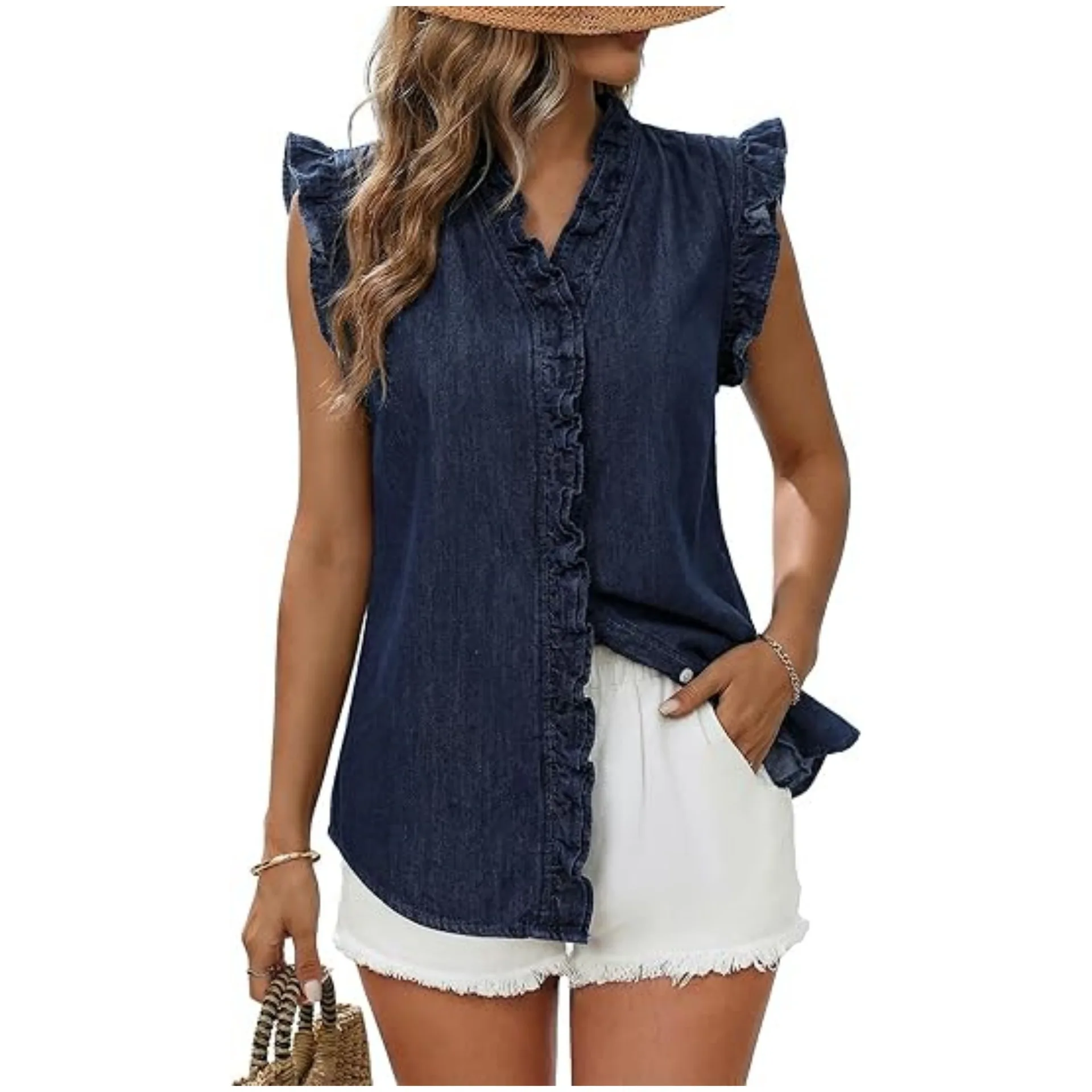 Women's Casual Washed Denim Cardigan Vest Top Button-down Ruffle V-neck Sleeveless Shirt Women Jacket Ladies Waistcoat Traf
