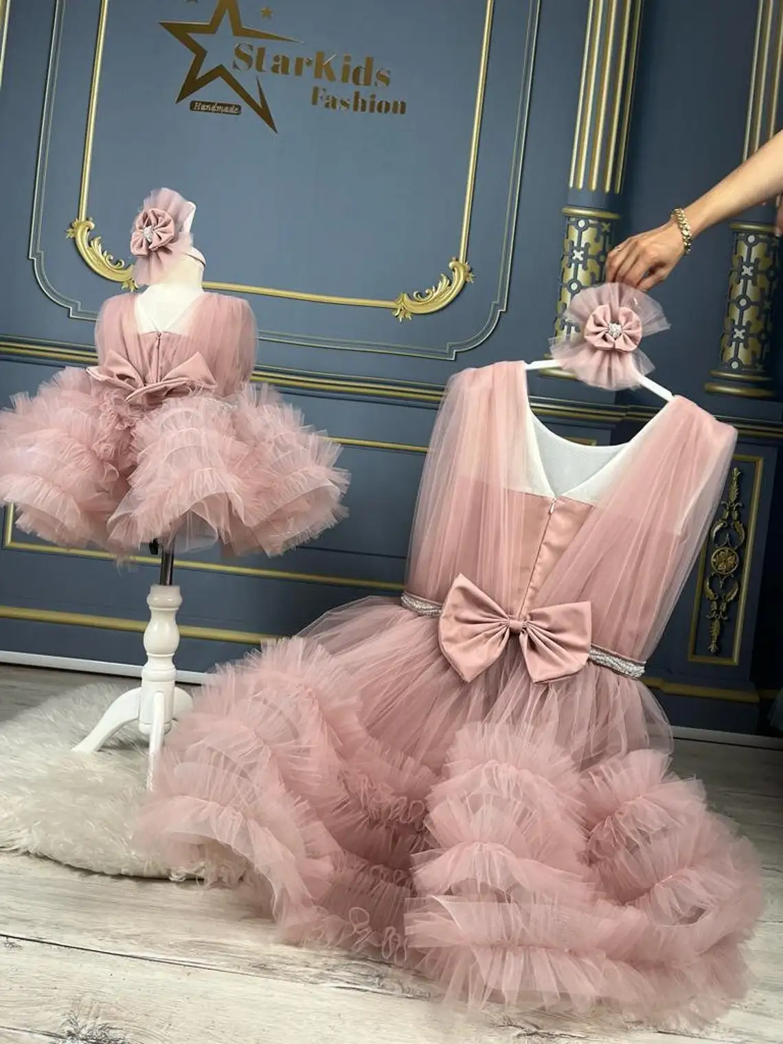 Mother and Daughter Matching Blush Pink Tutu Dress with Bow Ruffles Tiered Formal Mom and Me Dress for Photoshoot or Babyshower