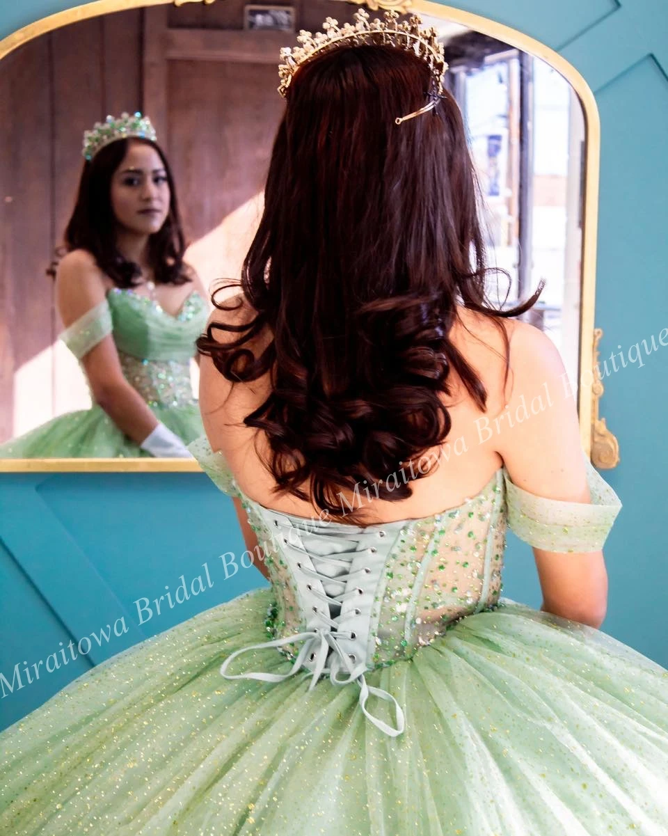 Vestido de quinceañera de tul con purpurina brillante, corsé transparente, Bola de quinceañera mexicana, dulce vestido de fiesta de cumpleaños para niña del 15 °, salvia, 15/16