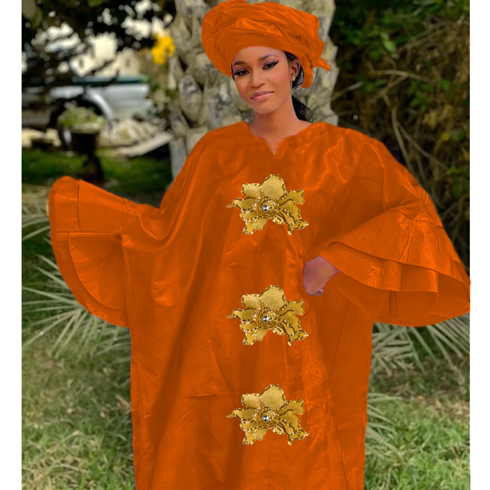 African Femme 2023 Nouveauté Bazin Riche Long Dresses Large Size Top Quality Basin Riche Dashiki Robe Clothing With Headscarf