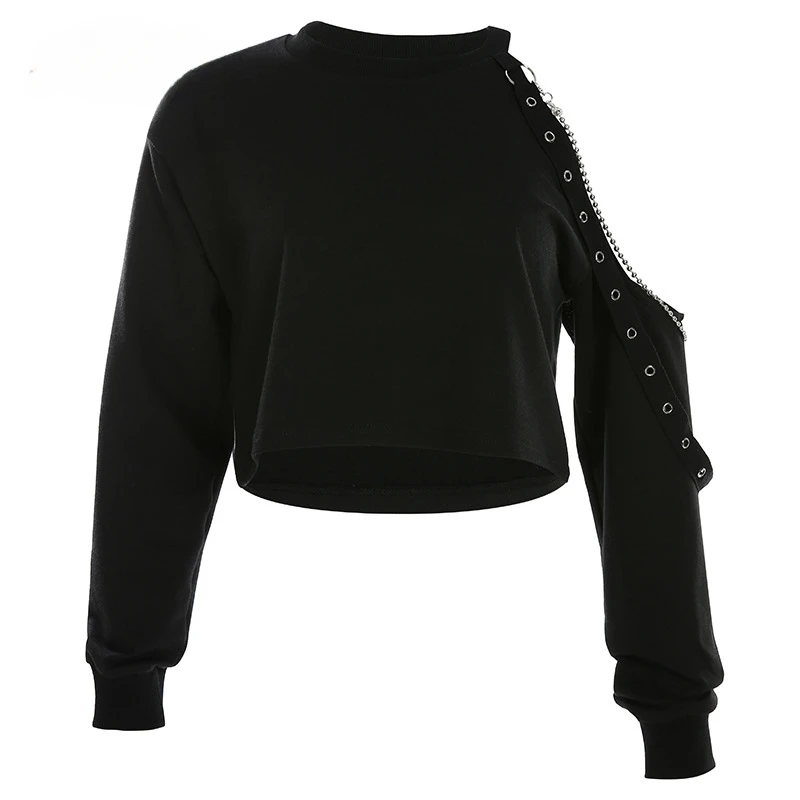 Punk Chain Off Shoulder T Shirt Women Long Sleeve Sexy Sweatshirt Casual Solid Crop Top Autumn Winter Clothes Black Top