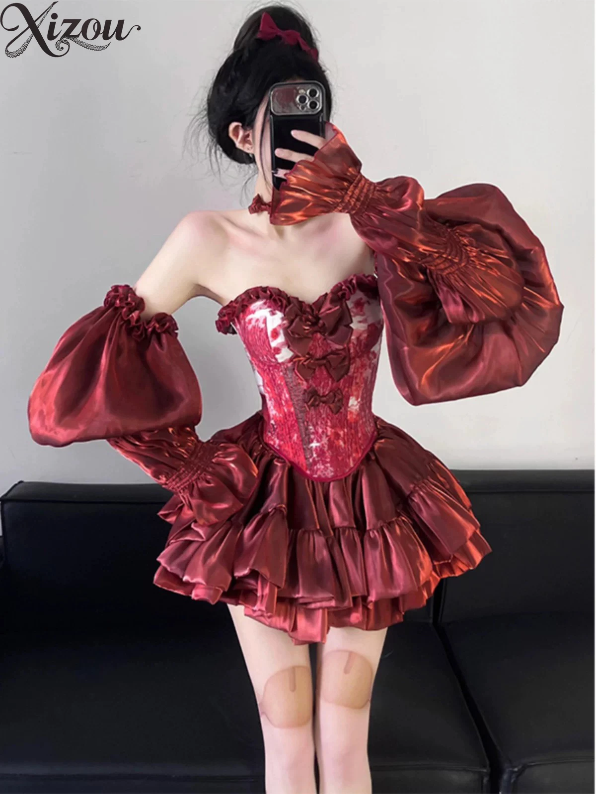 2025 Summer Women Girl Dresses Sets Red Princess Hepburn Tube Top Strapless Satin Tulle Bow Trailing Evening Party Cuff Slim Fit