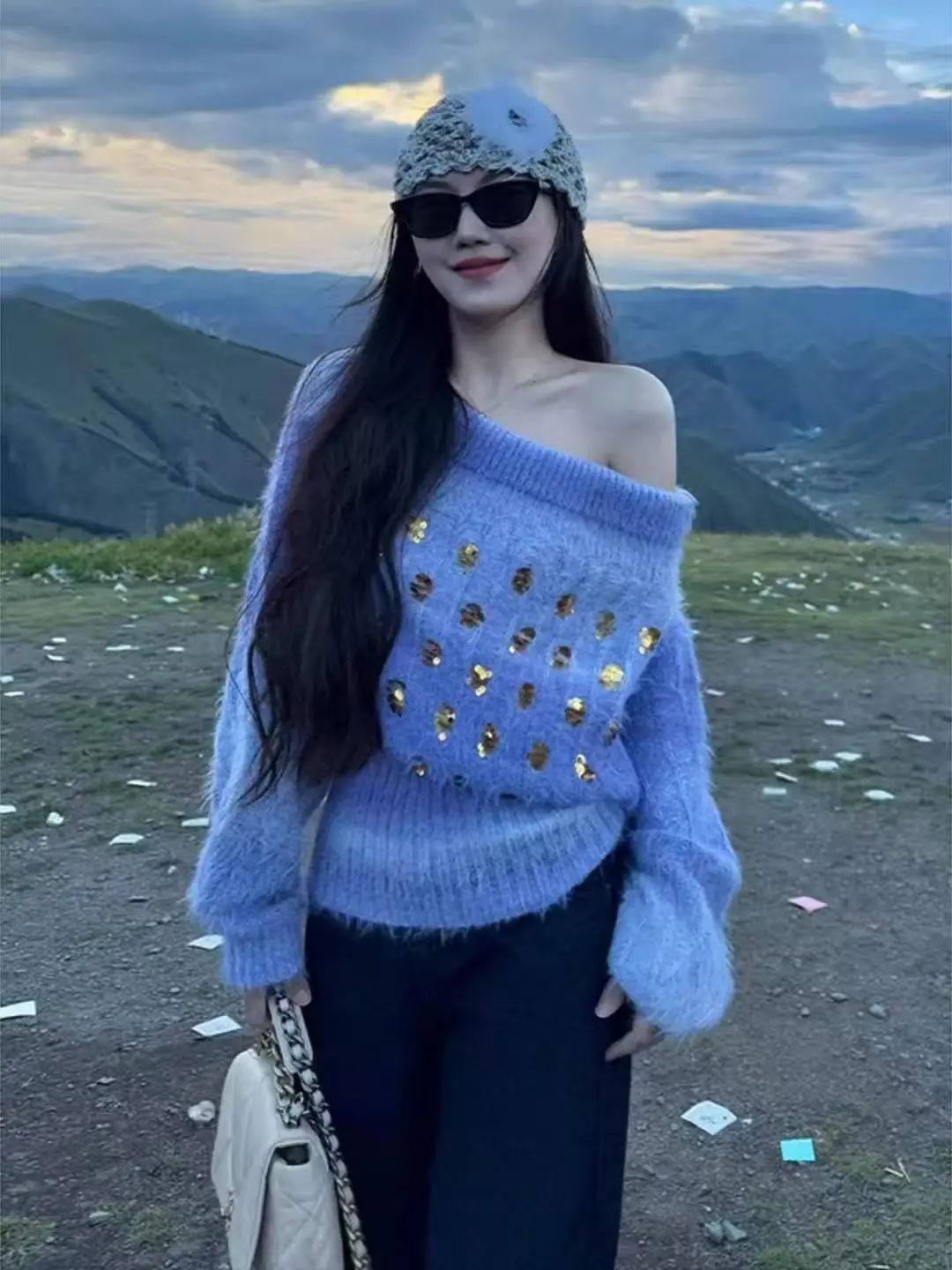 

Винтажный вязаный женский осенне-зимний модный свитер с длинными рукавами и блестками, мягкие свободные роскошные пуловеры с разрезом на шее F402
