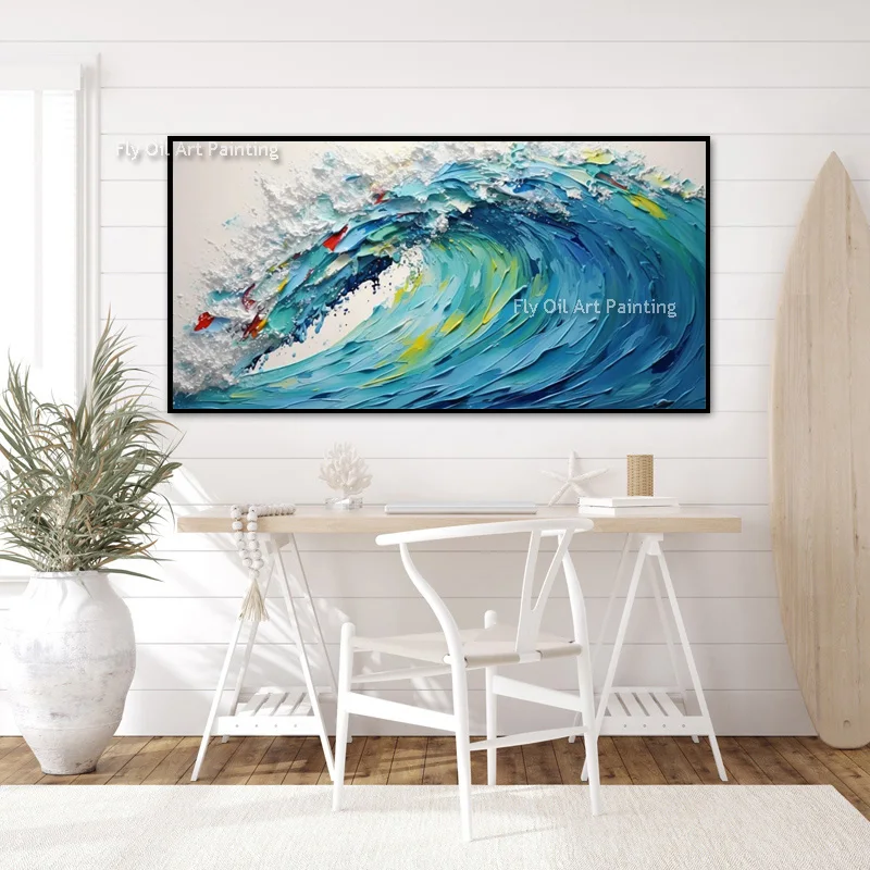 Large Modern Seascape Artwork Blue White People Surfing Oil Painting On Canvas Handmade Human Playing By The Sea Wall Art Decor