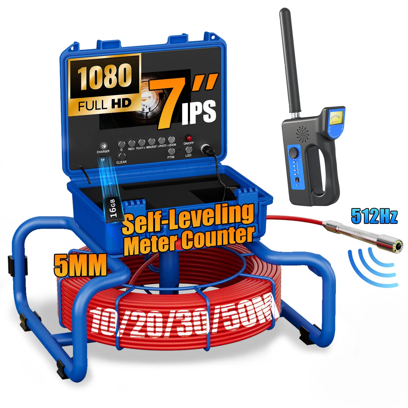 Sewer Inspection Camera-512Hz Self-Leveling Sewer Camera, HD IP68 Waterproof Endoscope Camera with 12 LEDs 4500mAH Battery