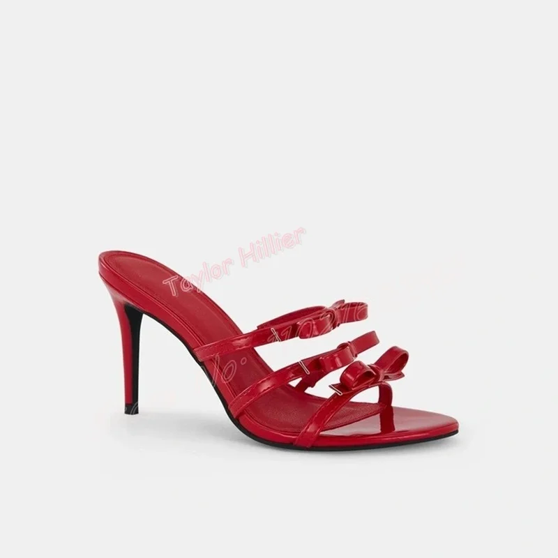 

Тапочки с красным бантом и неглубоким носком, лакированные кожаные тапочки на шпильке с круглым носком, однотонные летние тапочки, праздничная одежда, женские тапочки
