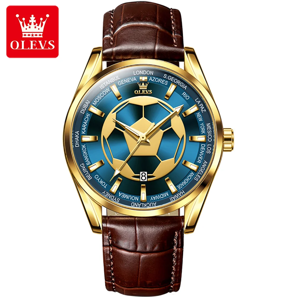 OLEVS Sports Soccer Dial Quartz Watch for Men Leather Waterproof Luminous Mens Watches Top Brand Luxury Wristwatch Relojes Hombr