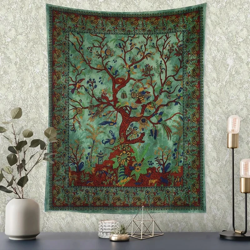 VIKAMA Tree of Life Tapestry, Green Boho Forest Birds Animals Vintage Wall Hanging, Ethnic Nature Wall Cloth Home Decor