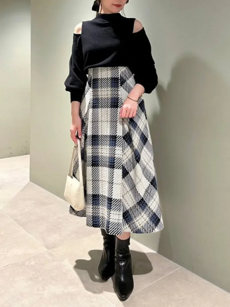 High Waist A-line Skirt Japan Style Plaid Faldas Mujer Elegant Feminino Skirts Womens Sweet Jupe Femme 2024 Spring Clothing