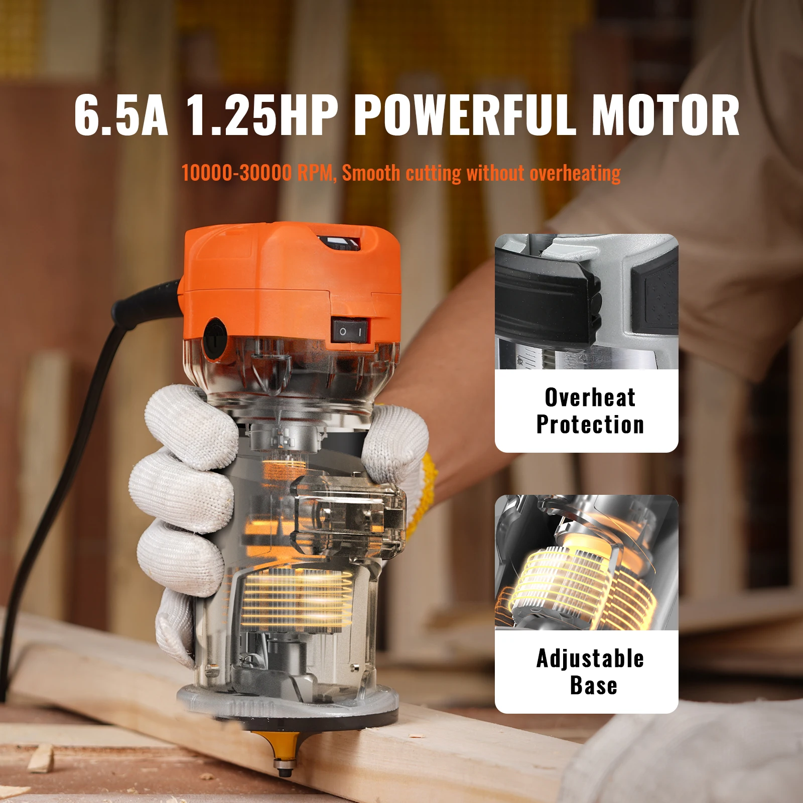 جهاز توجيه تشذيب الخشب VEVOR بقدرة 1.25 حصان 800 وات مع قاعدة يغرق وثابتة، غطاء غبار كوليت 1/4 بوصة و5/16 بوصة لاستخدام النجارة بنفسك #3