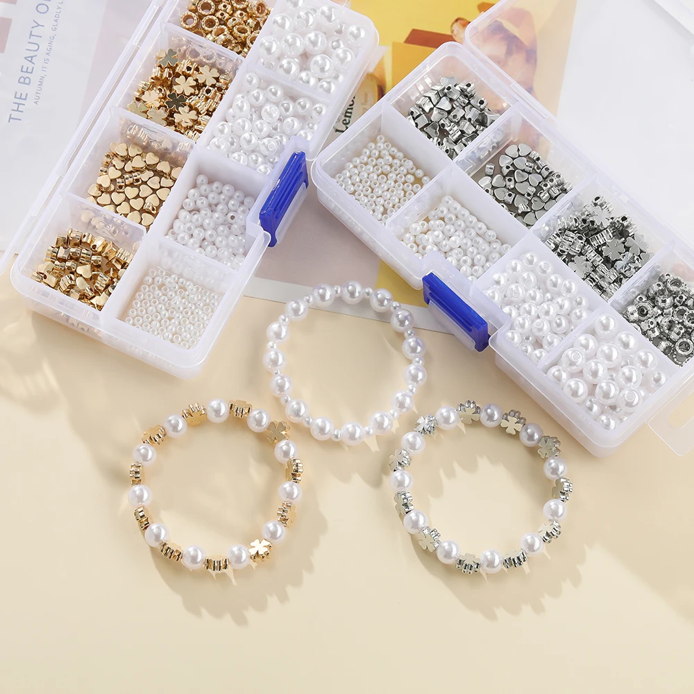 540pcs/Box 3-8mm White Imitation Pearl Beads with Heart Flowers CCB Spacer Beads for Bracelet Necklace Jewelry Making Supplies