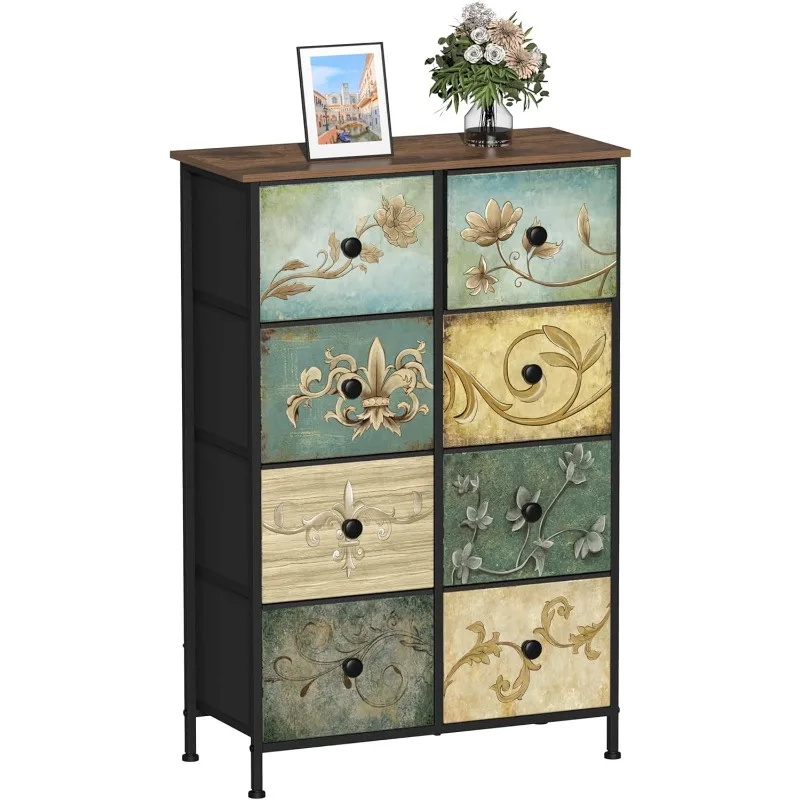 Narrow Storage Dresser Slim Dresser with Retro Flowers Fabric Drawers Vertical Skinny Cabinet for Small Spaces,Bathroom,Bedroom