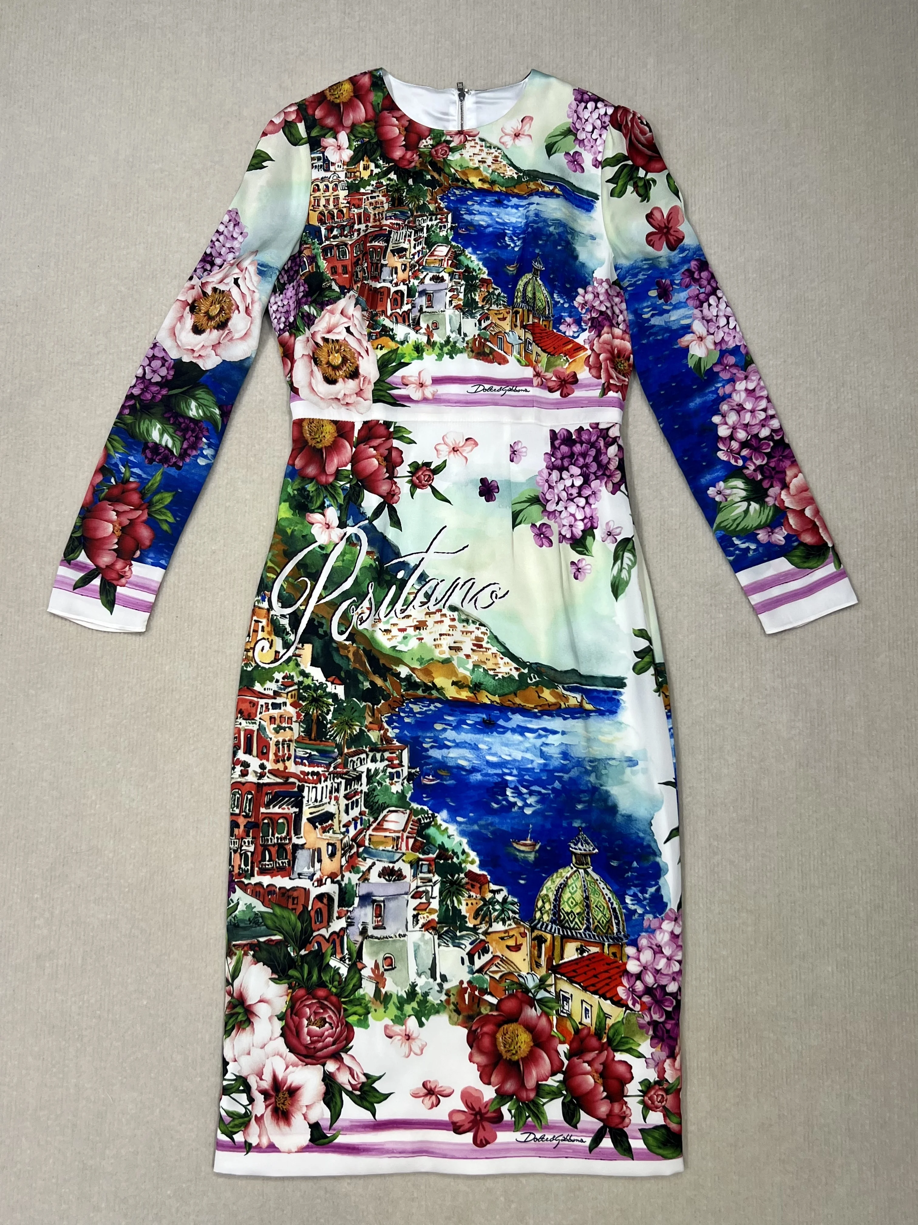 100% Maul beers eiden kleid für Damen, Sommer-Freizeit kleid, Meerblick und Hortensien-Print, lang ärmelig, Sizilian, 2024