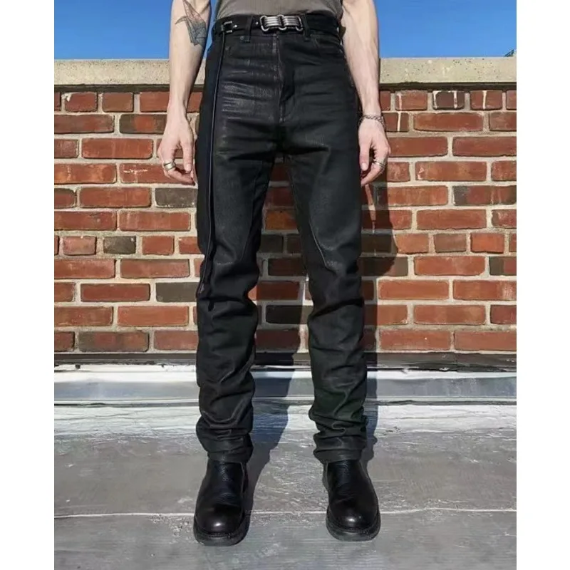 High Street Dark Classic Waxed Coating Jeans Men Women  Best Quality Casual Fashion Pants Male Trousers