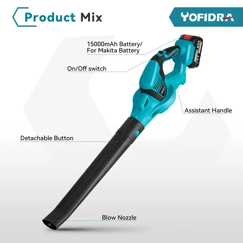 Yofidra-Souffleur d\'air électrique sans fil pour Makita, outil de jardin, haute injuste, déterminer le cuir chevelu, la neige, la poussière,