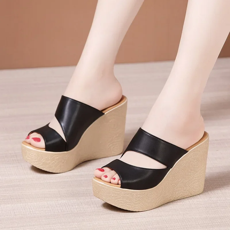 11cm Extreme High Heels Slippers Women Chunky Wedges Shoes for Wedding Office Model 2024 Summer Platform Slides Small Size 32-43