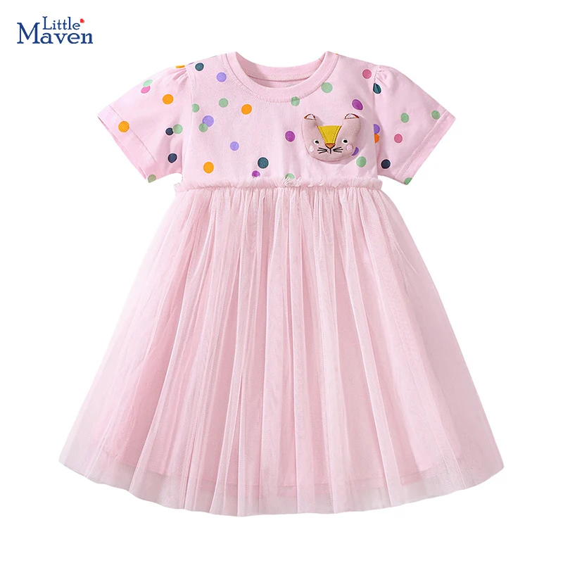 Little Maven 2025 Sommer Neue Kinderkleidung Baby Mädchen Kinderkleidung Rosa Gestickte Cartoon Katzen Kleider 2–7 Jahre