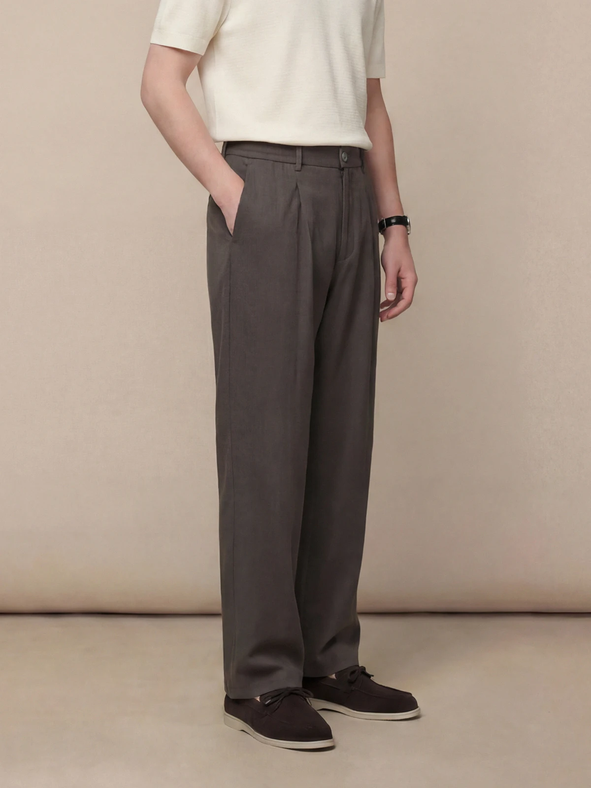 Men's Brown Cooling 13% Linen Lightweight Breathable Casual Trousers Straight Leg Pants for Business Commuter Summer Wear