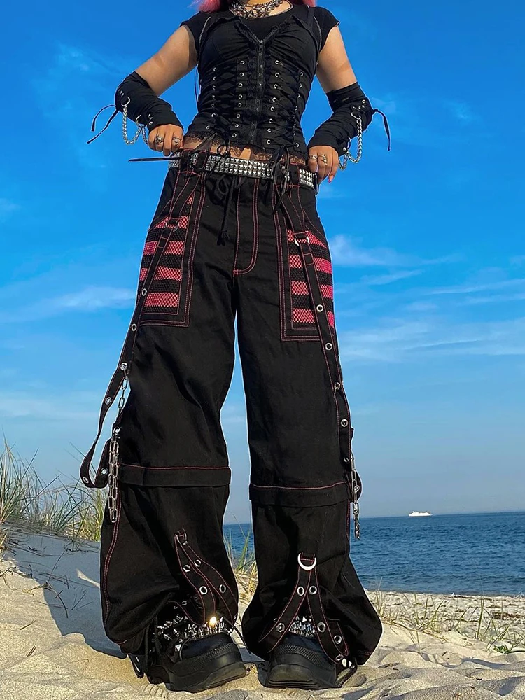 Rapcopter Bandage Chain Cargo Pants Low Waisted Baggy Pockets y2k Grunge Goth Black Trousers Sweatpants Punk Joggers Women 90s