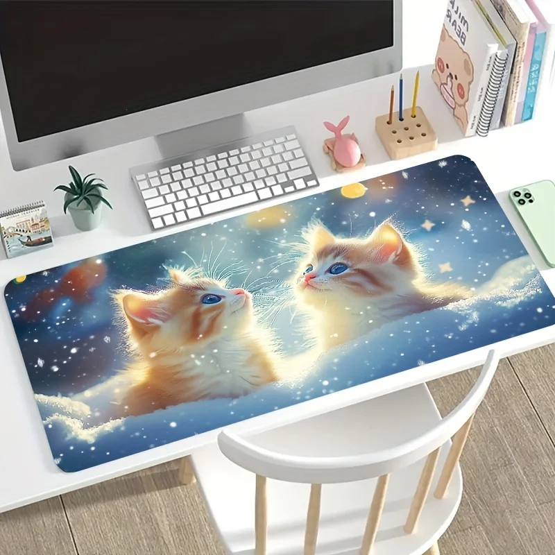 Snow Cat Large Gaming Mouse Pad Non Slip Rubber Base Washable Stain Resistant Print Desk Mat Office Desktop Decor