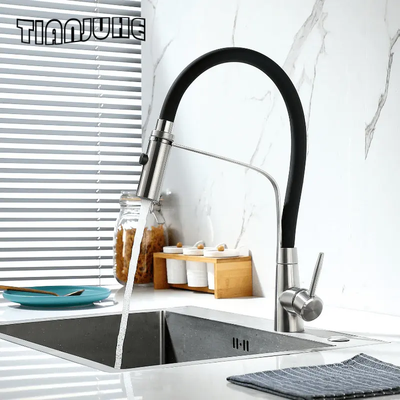 Kitchen Faucets Commercial Solid Brass Single Handle Single Lever Pull Down Sprayer Spring Kitchen Sink Faucet Brushed Nickel