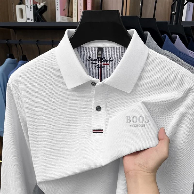 100 % Baumwolle, Herren-Polohemd mit Herbstmuster, knitterarm, weich, einfarbig, langärmliges T-Shirt, bequeme Herrenbekleidung. – Detail 9