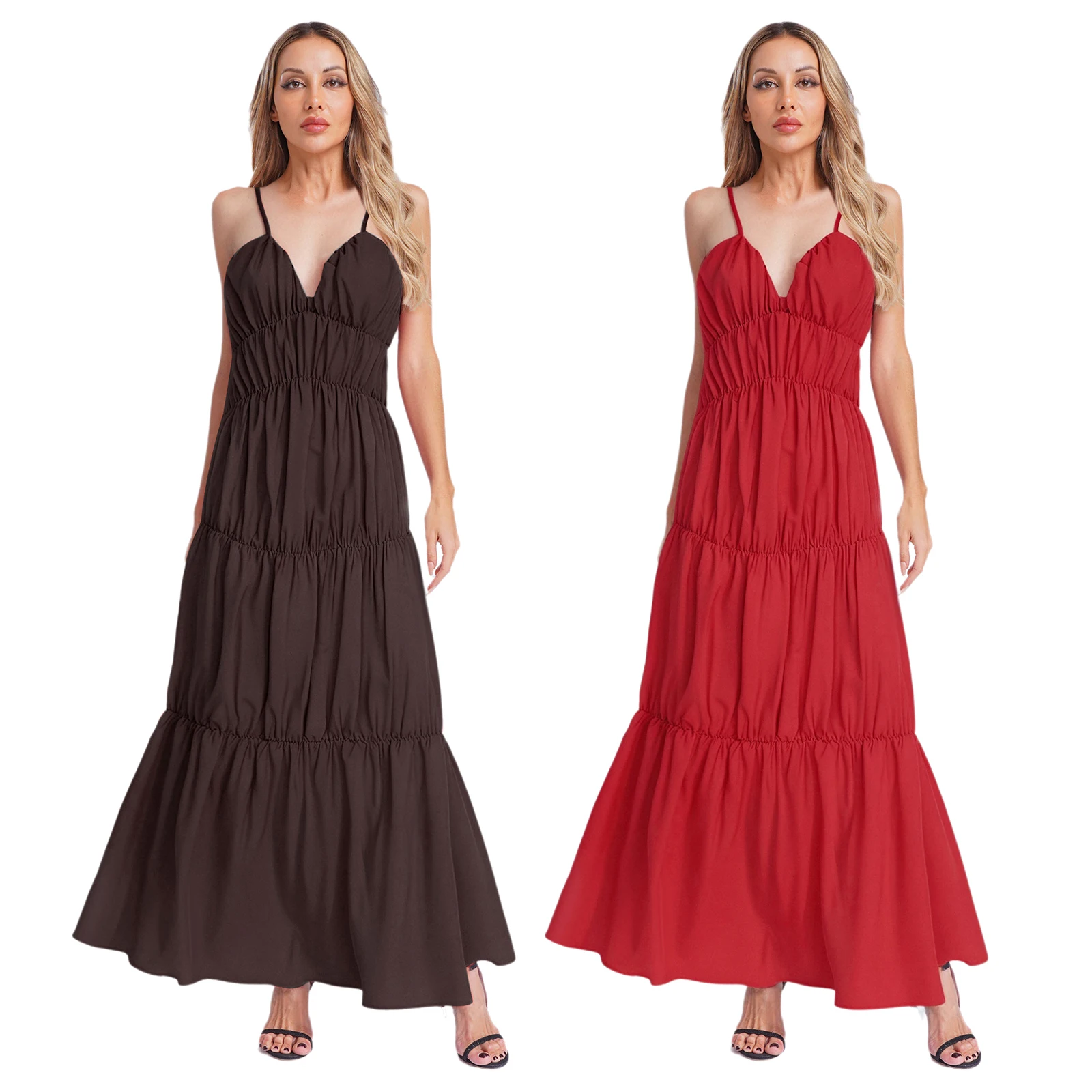 المرأة المتدرج Ruched حبال فستان ماكسي الخامس الرقبة عارية الذراعين فستان طويل فضفاض البوهيمي بلون كامي فستان لحفلة عطلة الشاطئ