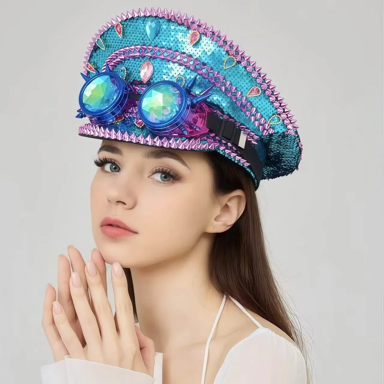 Steampunk Festival Captain Hat Rhinestone Goggles Unisex Adult Sequin Anime Accessories Music Festival Cosplay Cap