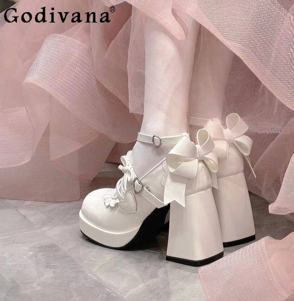 

Lolita Shoes Kawaii Princess White High Heels Fashion Spring Summer Ruffled Bow Heels for Women Elegant Waterproof Pumps