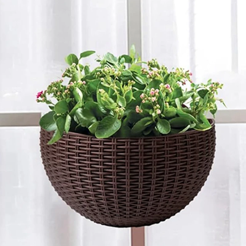 Brown Large European-Style Imitation Rattan Wall-Mounted Semi-Circular Flowerpot Lazy Flowerpot Easy Install Easy To Use