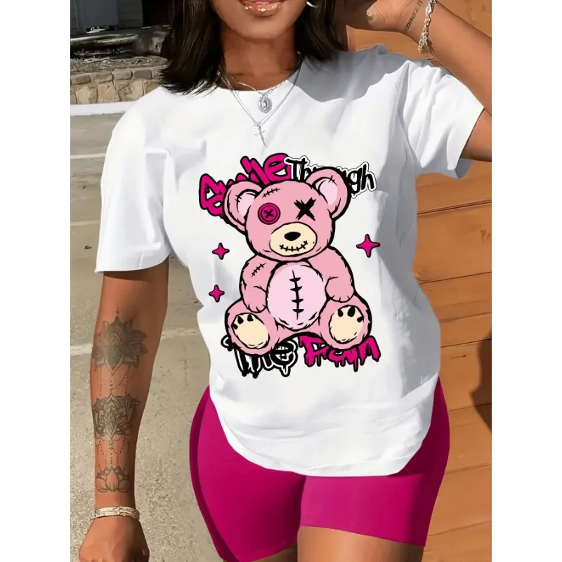 

Bear Fun Printed Round Neck T-shirt Casual Plus Size Women's Short Sleeved T-shirt Spring/summer Women's Casual Loose Y2K Top