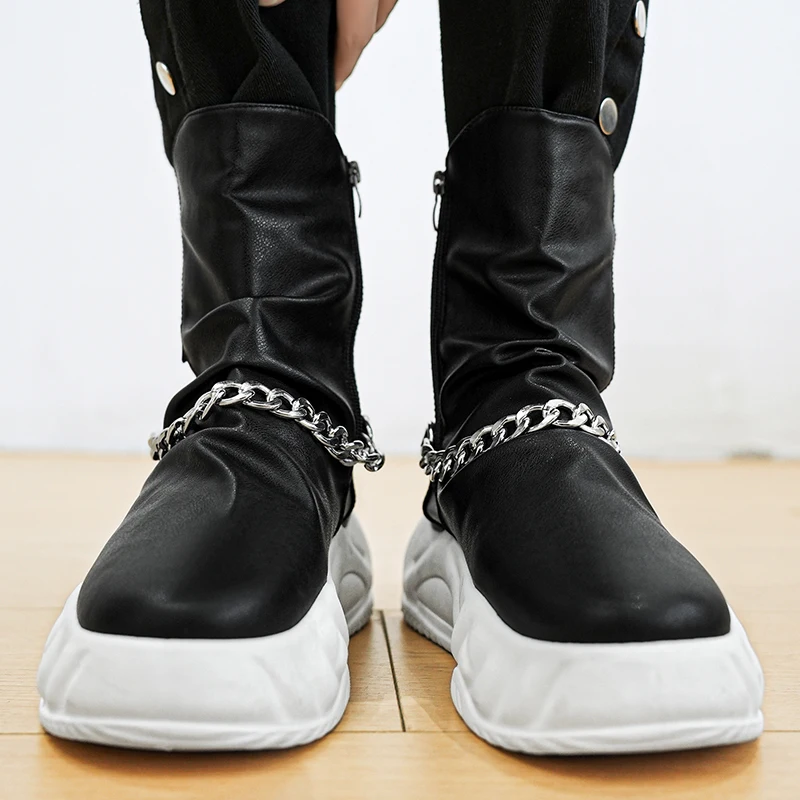 Men Platform Boots Chain Decoration Outdoor Comfortable Sneakers Versatile High Top Shoes Lace Up Casual Black Shoe Male 39-44