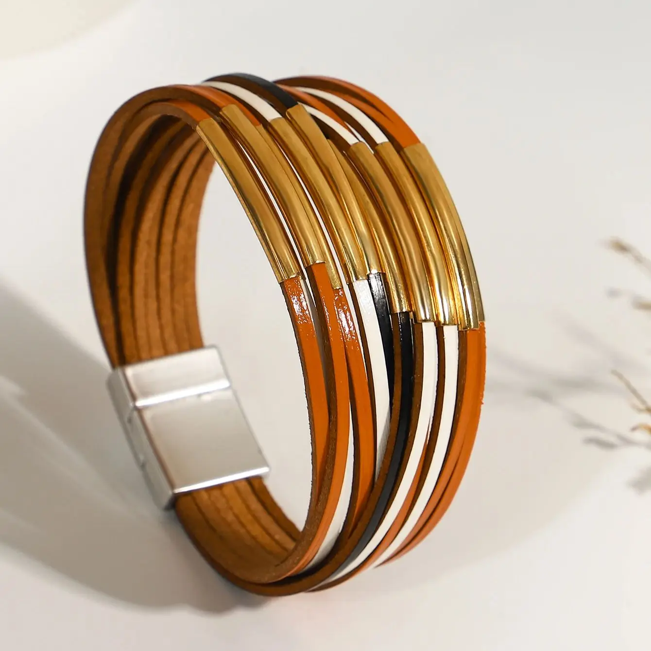 

Amorcome Vintage Orange Black White Leather Bracelet for Women Bohemian Metal Bar Tube Charm Multi Layered Wrap Bracelet Jewelry