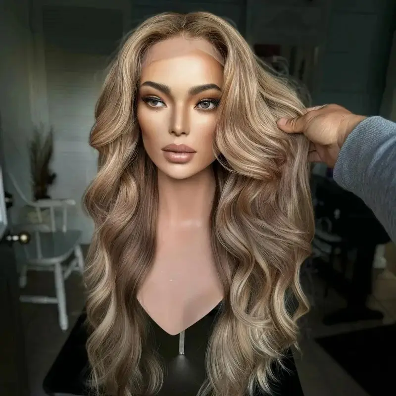 Moda parte média peruca feminina ombre loira marrom hd peruca frontal com raízes superior peruca sintética de alta qualidade peruca onda do corpo