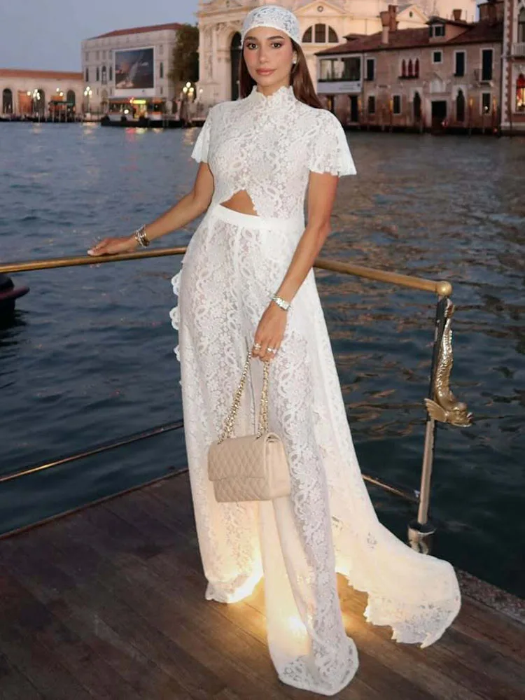 

White Lace Hollow Embroidery Women Outfits Chic Front Split Short Sleeve Long Tops and Wide Leg Pants 2 Piece Boho Vacation Suit