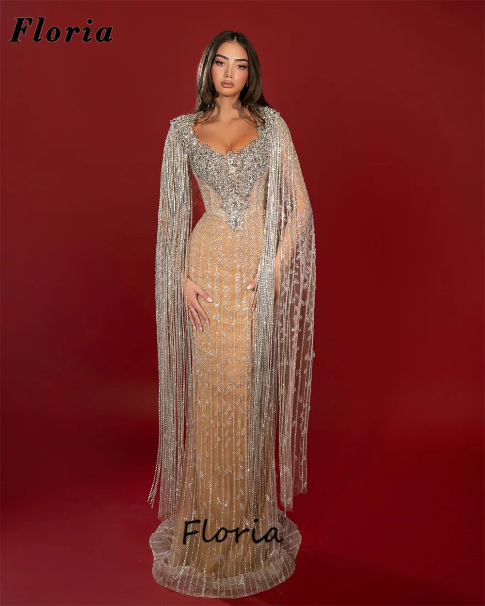 Sparkly beading vestidos de noite com capa mangas compridas borla vestido de baile feminino champanhe sereia vestidos de festa de casamento personalizado