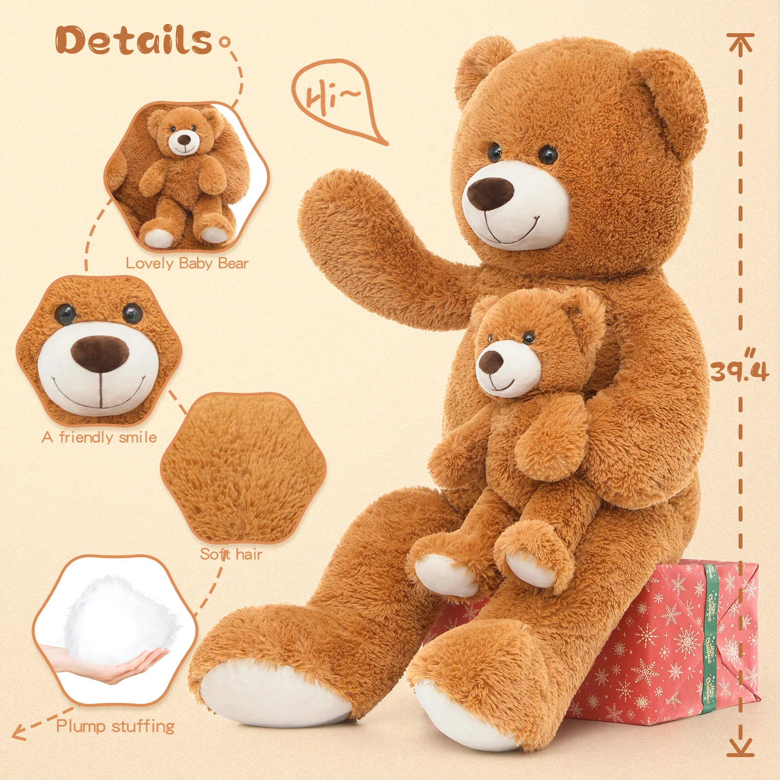 テジトゥール巨大ぬいぐるみ39インチ、大きなテディベアママと赤ちゃん、子供向けの大きなテディベア、バレンタインやクリスマスの彼女へのプレゼント