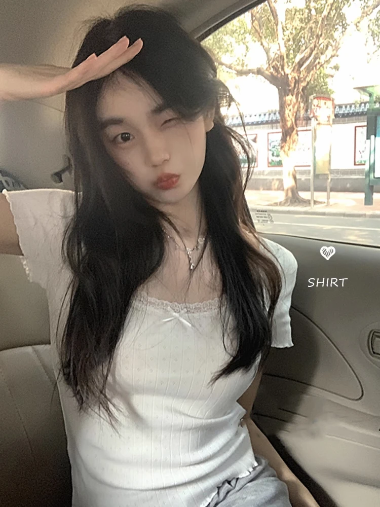 

Lace Trim ort Sve White T-irt Women's Summer Slim Fit Inner Wear Base Top Ins Sle Commute Faion Polyester Fiber