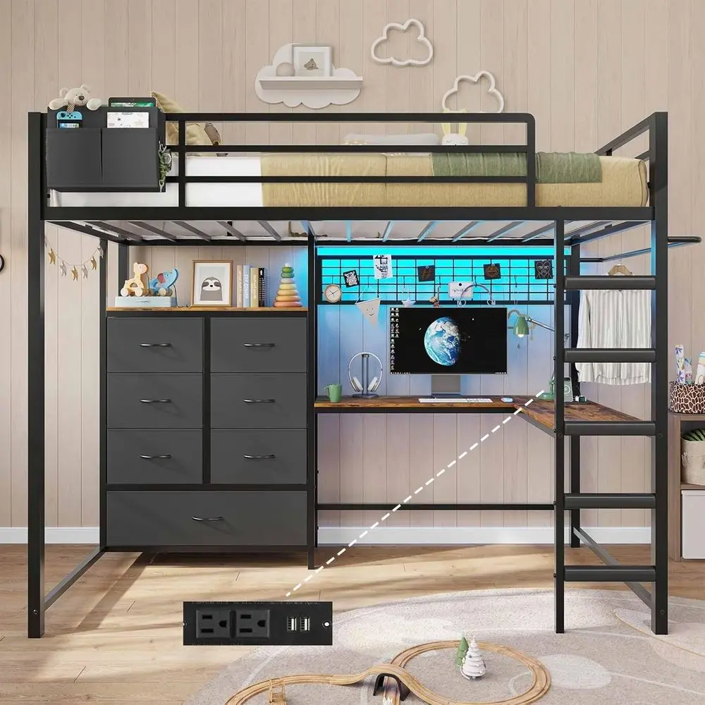 

Twin Lot Bed with L-Shaped Desk, 7 Drawers, LED Lights, Charging Station, Safety Rail, Ladder, No Box Spring, Black