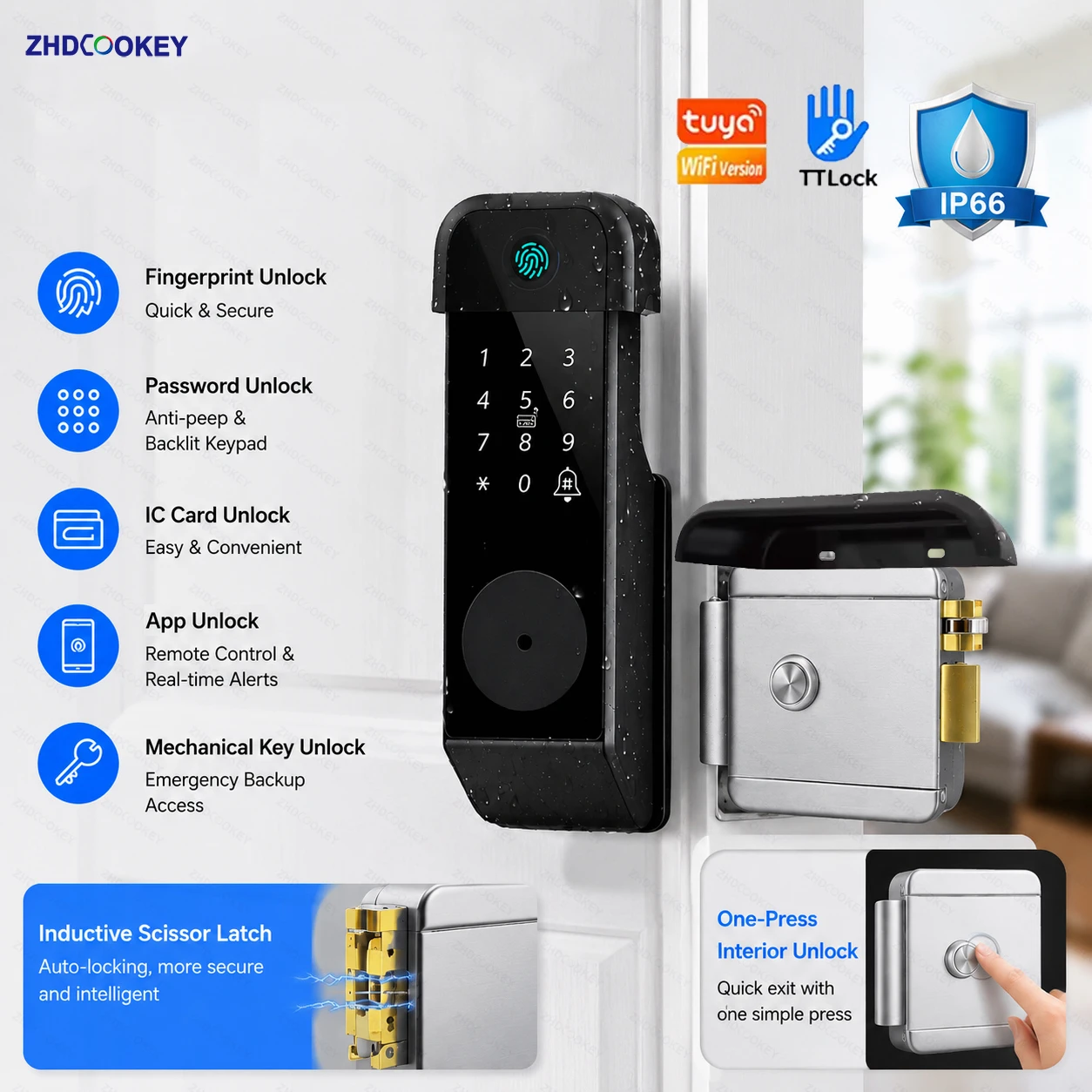 

Tuya WiFi Smart Door Lock TTLock BLE APP Fingerprint Password IC Card Key One-Press Indoor Unlock IP66 Waterproof Gate door Lock