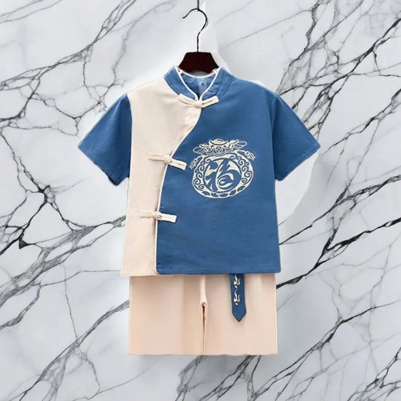 Hanfu Children's Summer Set Fashion Cotton and Hemp Chinese Style Boys' Top and Shorts 2-piece Set