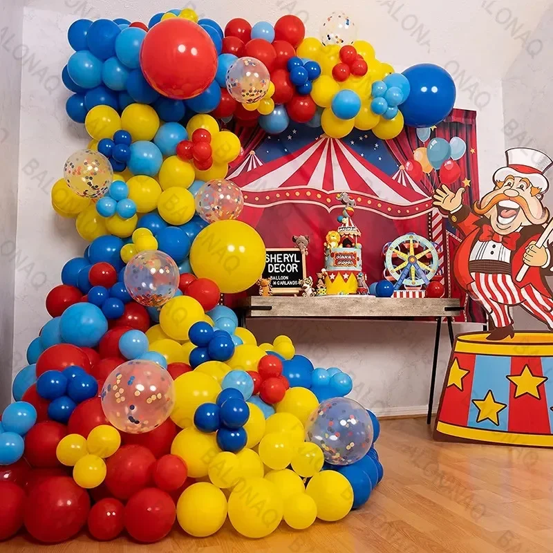 

130pcs Red Blue Yellow Arch Garland Balloons Kit Popcorn Aluminium Foil Balls Circus Plim Clown Theme Birthday Party Decorations