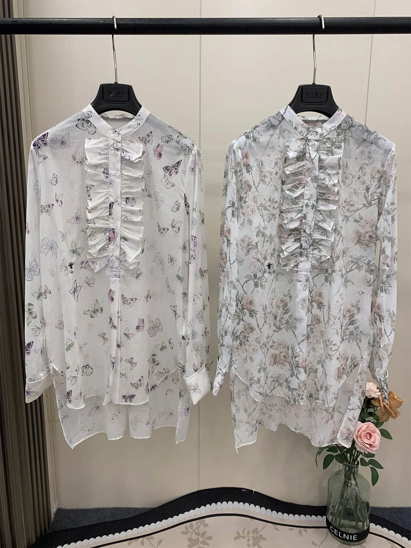 

Pure Cotton Floral Print irt Women's High-End Faion Top French Sle Stand Collar Long Sve Breathable Spring...